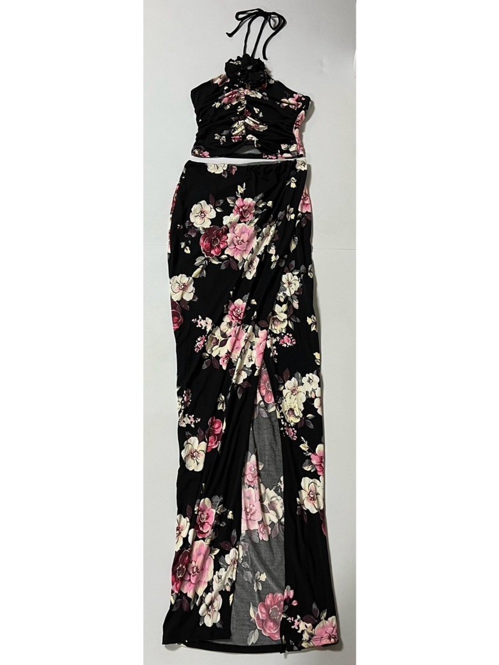 Black Pink ‘Fame Time’ Floral Maxi Skirt and Crop Top Matching Set Coords Size S